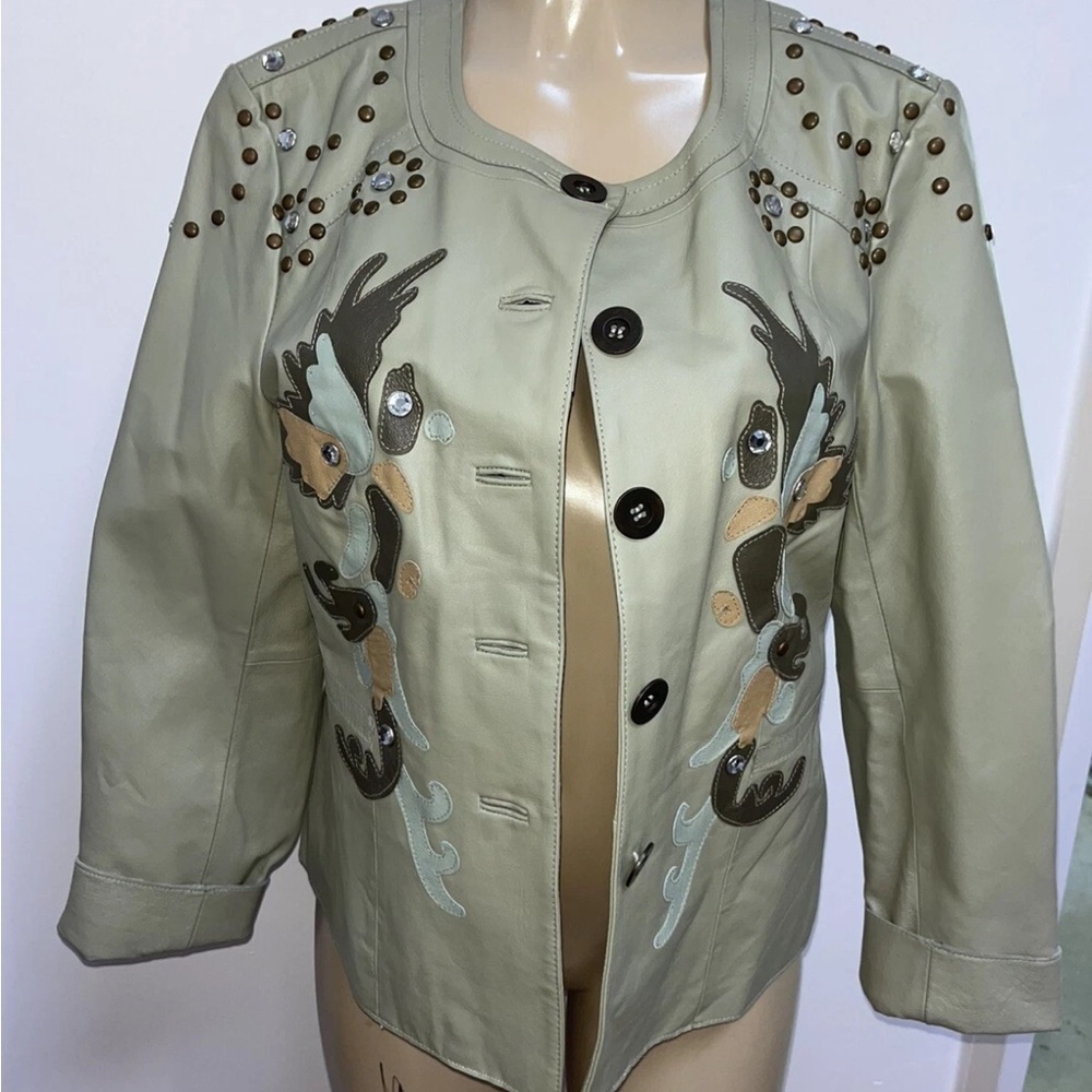 Pamela McCoy Genuine leather patchwork rhinestones jacket size M Chic stylish